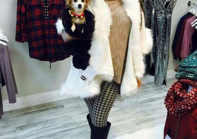 Nieve Malandra of Zowie Bowie holding Cupcake in her black Rock n Roll Faux Fur Tiny Tucker